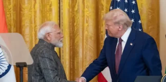 Prime Minister Narendra Modi and Donald Trump shaking hands
