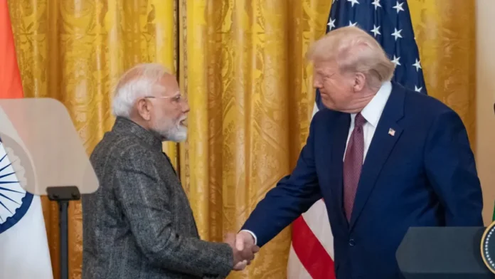 Prime Minister Narendra Modi and Donald Trump shaking hands Prime Minister Narendra Modi and Donald Trump shaking hands