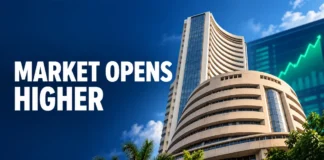 Sensex opening bell editorial illustration showing the BSE building and a positive Indian stock market session