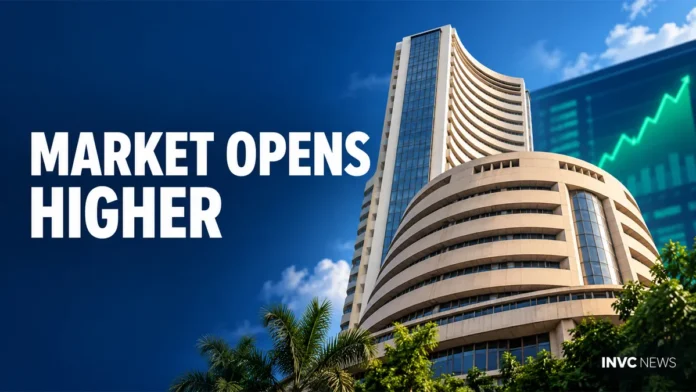 Sensex opening bell editorial illustration showing the BSE building and a positive Indian stock market session