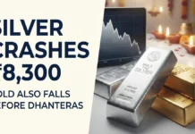 Silver Crashes ₹8,300 to an 11-Month Low Before Dhanteras; Gold Also Falls ₹1,300 — Is It the Right Time to Buy? Silver bars and gold bullion representing the sharp fall in silver and gold prices ahead of Dhanteras 2026.