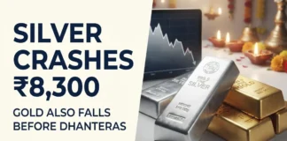 Silver bars and gold bullion representing the sharp fall in silver and gold prices ahead of Dhanteras 2026.
