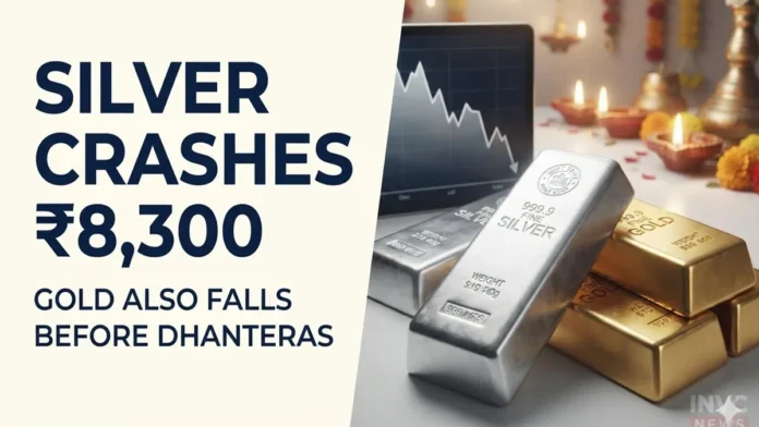 Silver and Gold Prices Fall Before Dhanteras 2026 Silver bars and gold bullion representing the sharp fall in silver and gold prices ahead of Dhanteras 2026.