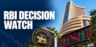 Illustrative view of the Bombay Stock Exchange building with a blurred market display.