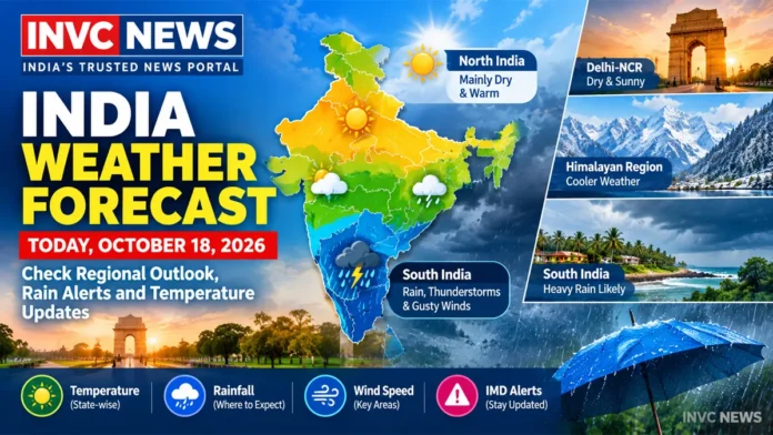 India Weather Forecast, October 18, 2026: Mainly dry conditions are expected across parts of North India, while southern states may see rain and thunderstorms. India Weather Forecast, October 18, 2026: Mainly dry conditions are expected across parts of North India, while southern states may see rain and thunderstorms.