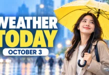 Weather Today, October 3, 2026: Delhi Stays Clear, Rain Could Reshape Weekend Plans in the South Weather Today October 3 2026 editorial illustration showing a commuter under an umbrella