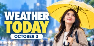 Weather Today October 3 2026 editorial illustration showing a commuter under an umbrella
